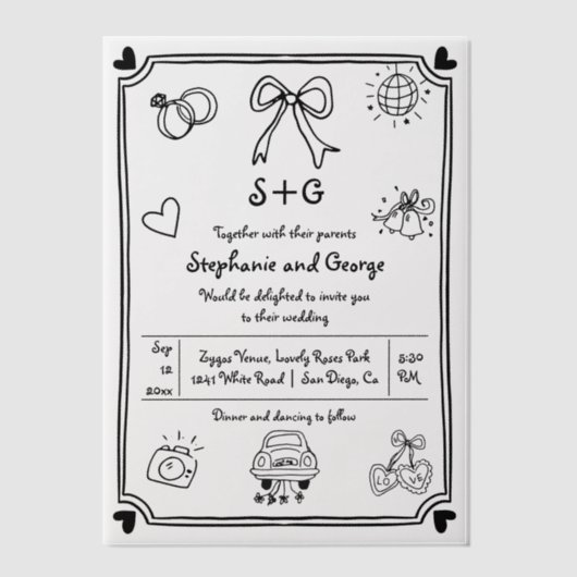 Invitations En Vélin Mariage fantaisiste gribouillé à la main (Recto)