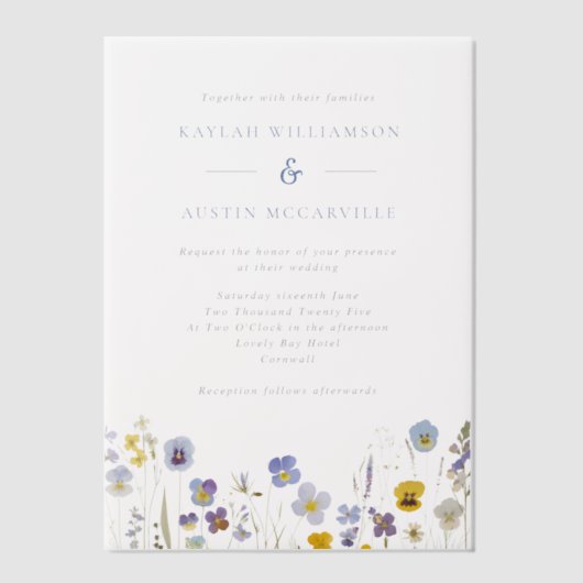 Invitations En Vélin Mariage Fleur sauvage bleu et jaune (Recto)
