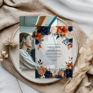Invitations En Vélin Mariage Fleuriste Bleu Nuit, Orange Brûlé et Champ