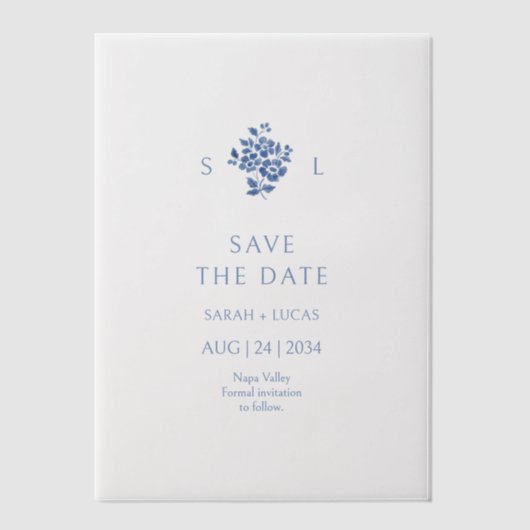 Invitations En Vélin Mariage Floral bleu et blanc (Recto)