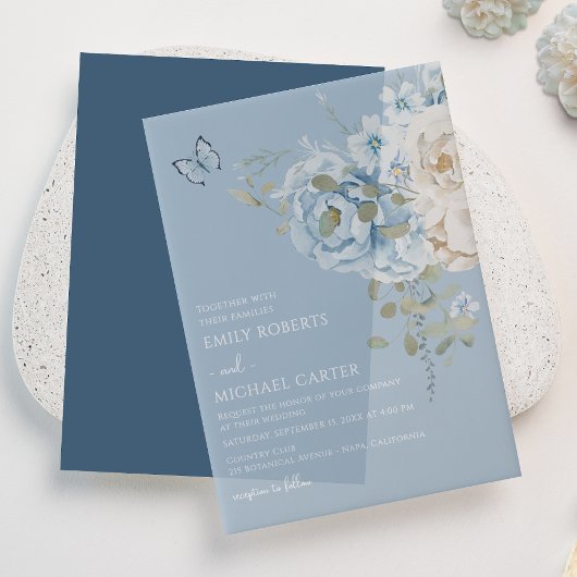 Invitations En Vélin Mariage floral romantique bleu Dusty