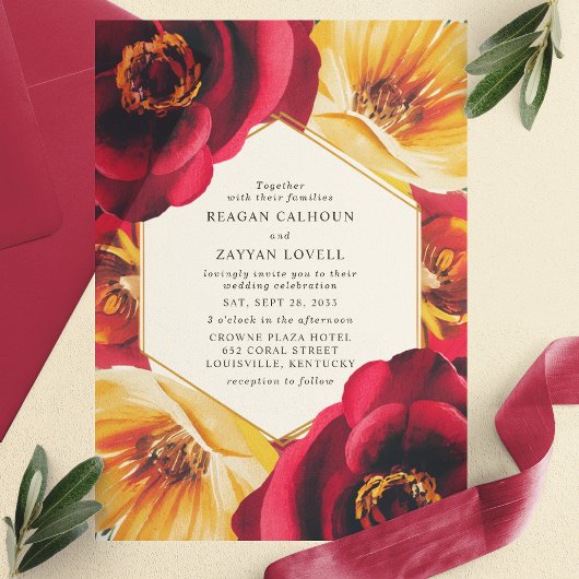 Invitations En Vélin Mariage géométrique Gras rouge et jaune