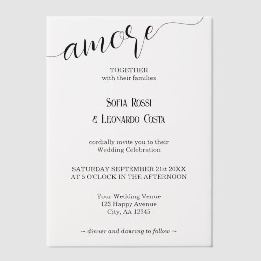 Invitations En Vélin Mariage italien élégant Amore Script (Recto)