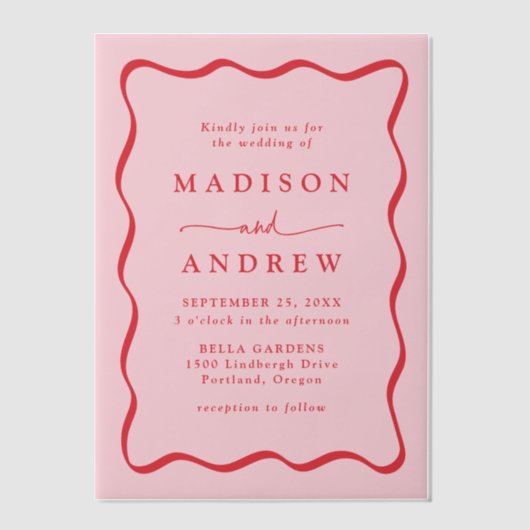 Invitations En Vélin Mariage moderne à cadre rose et rouge (Recto)