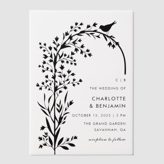 Invitations En Vélin Mariage moderne Black Bird and Branch (Recto)