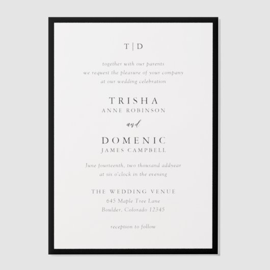 Invitations En Vélin Mariage Moderne Élégant Monogramme Noir et Blanc (Recto)