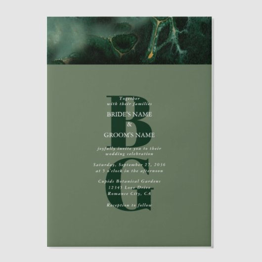 Invitations En Vélin Mariage moderne en marbre vert (Recto)