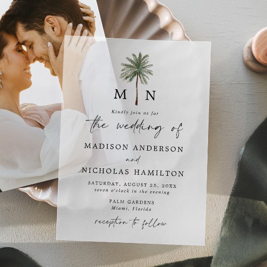 Invitations En Vélin Mariage Monogramme minimal Palm Tree