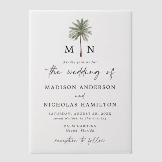 Invitations En Vélin Mariage Monogramme minimal Palm Tree (Recto)
