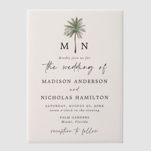 Invitations En Vélin Mariage Monogramme minimal Palm Tree (Recto)