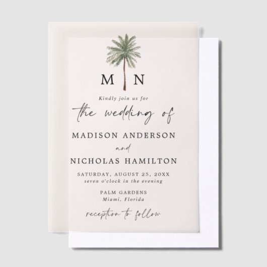 Invitations En Vélin Mariage Monogramme minimal Palm Tree (Compenser)