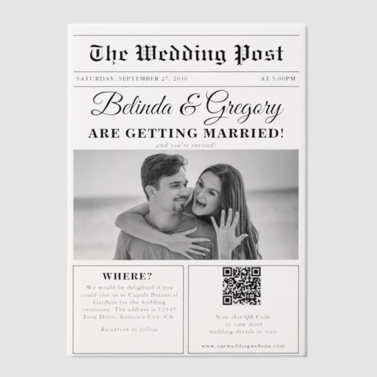 Invitations En Vélin Mariage photo noir et blanc du journal mariage (Recto)