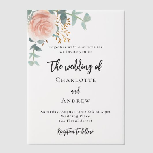 Invitations En Vélin mariage rose à broussailles eucalyptus (Recto)