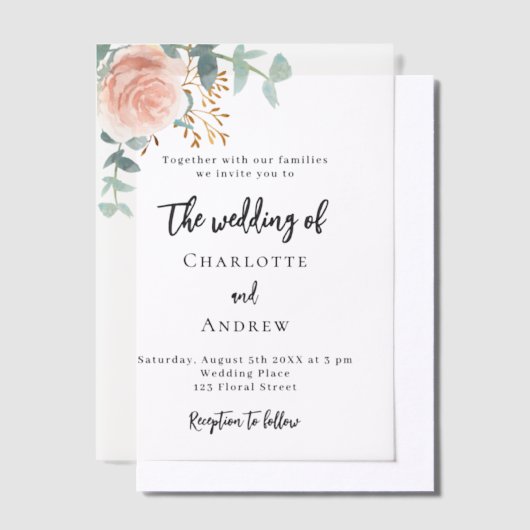 Invitations En Vélin mariage rose à broussailles eucalyptus (Compenser)