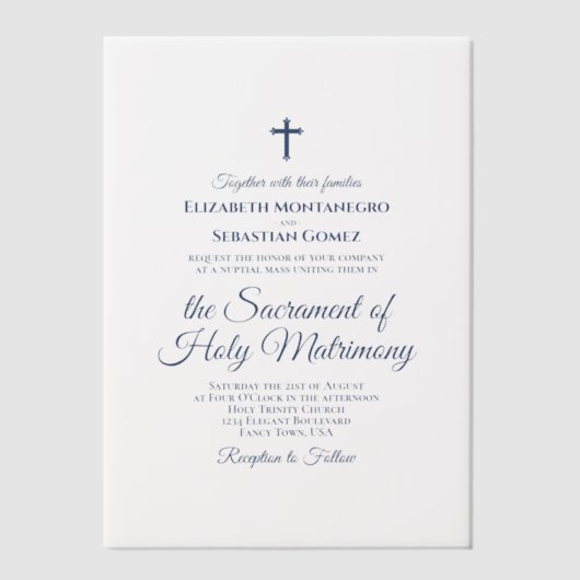 Invitations En Vélin Marine Bleu Script Élégant Mariage catholique mode (Recto)