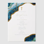 Invitations En Vélin Marine Blue Geode Agate Gold Cross Baptême (Recto)