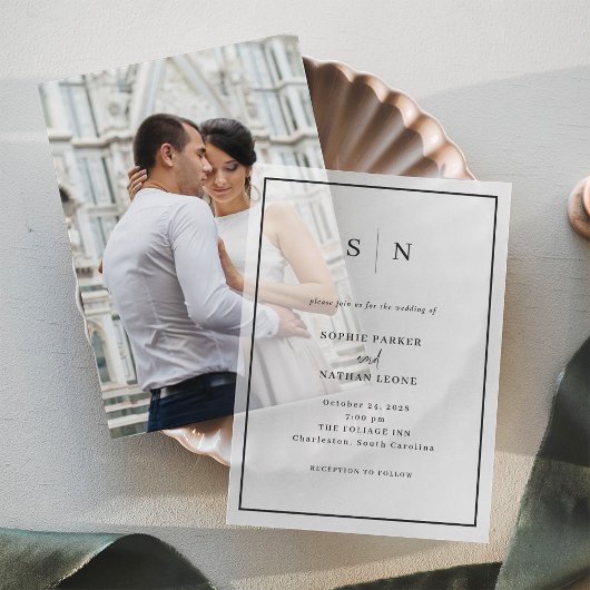 Invitations En Vélin Minimal et chic | Mariage frontalier noir Monogram