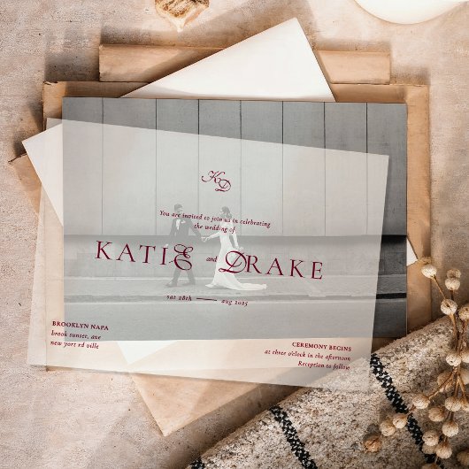 Invitations En Vélin Minimal Monogram Deep Burgundy Script Wedding