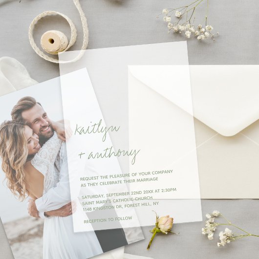 Invitations En Vélin Modern Script Sage Green Minimalistic Wedding