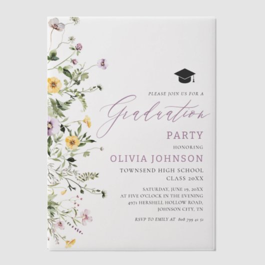 Invitations En Vélin Moderne Elegant Fleur sauvage Graduation Party (Recto)