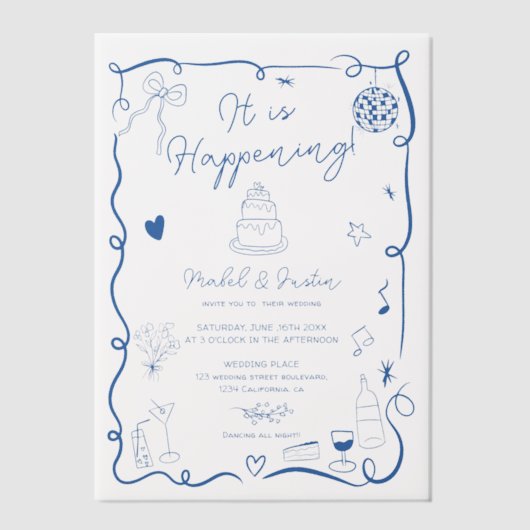 Invitations En Vélin Moderne Français Bleu Quirky Scribble Mariage rétr (Recto)