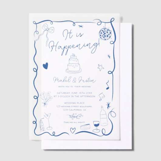 Invitations En Vélin Moderne Français Bleu Quirky Scribble Mariage rétr (Compenser)