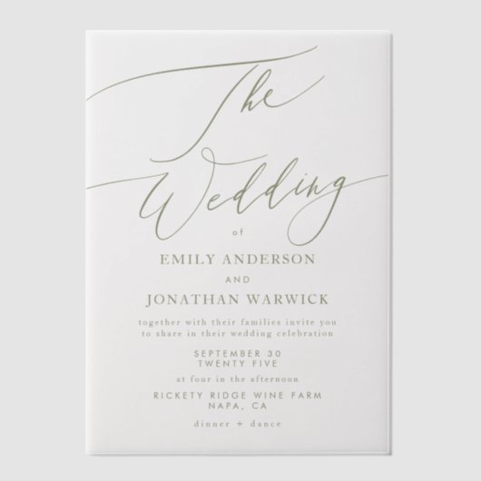 Invitations En Vélin Moderne Sage Green Calligraphie Mariage simple (Recto)