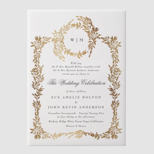 Invitations En Vélin Monogramme classique Elégant Gold Crest Wreath Mar (Recto)