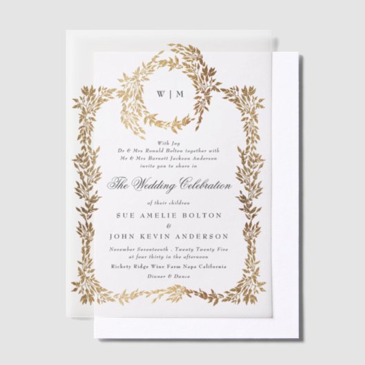 Invitations En Vélin Monogramme classique Elégant Gold Crest Wreath Mar (Compenser)