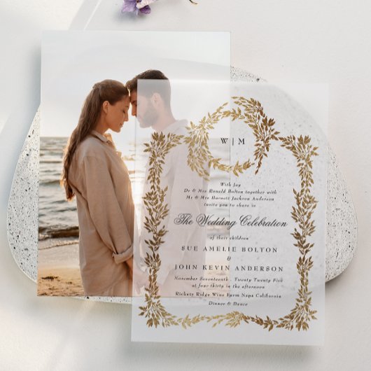 Invitations En Vélin Monogramme classique Elégant Gold Crest Wreath Mar