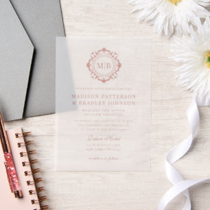 Invitations En Vélin Monogramme floral orné de mariage élégant Rose Gol