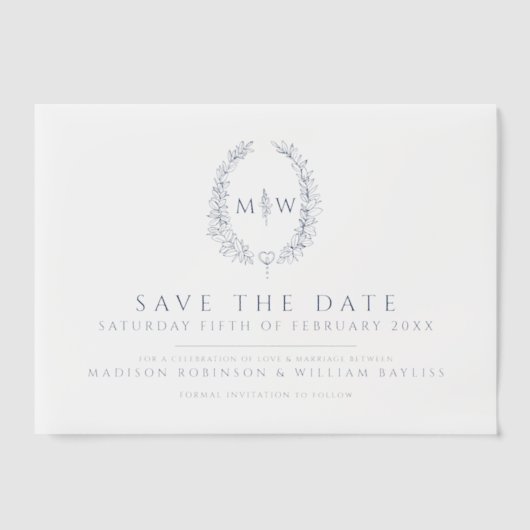 Invitations En Vélin Monogramme ovale bleu enregistrer la date mariage (Recto)