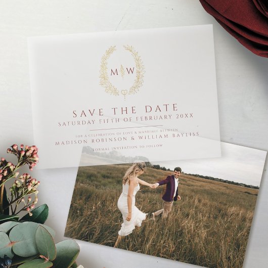 Invitations En Vélin Monogramme ovale or rouge foncé enregistrer la dat