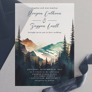 Invitations En Vélin Montagnes Aquarelle Forêt de Pins Écriture Mariage