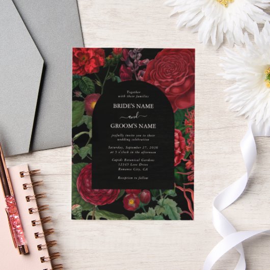 Invitations En Vélin Moody Florals Arc Noir Bourgogne Rouge Mariage (Mariage)