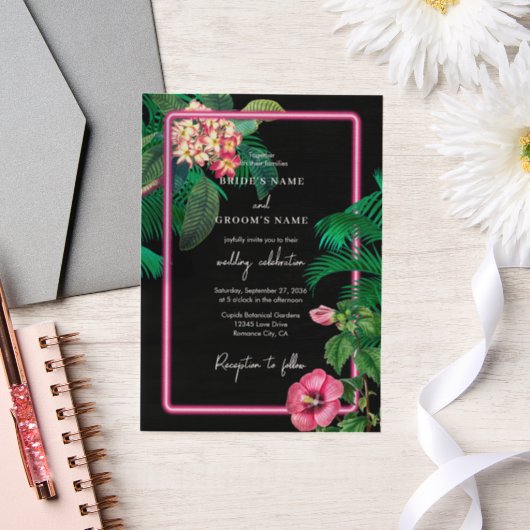 Invitations En Vélin Neon Pink Tropical Retro Botanical Mariage (Mariage)