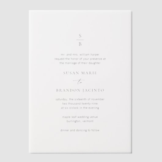 Invitations En Vélin Nettoyer noir et blanc Monogramme Mariage moderne (Recto)