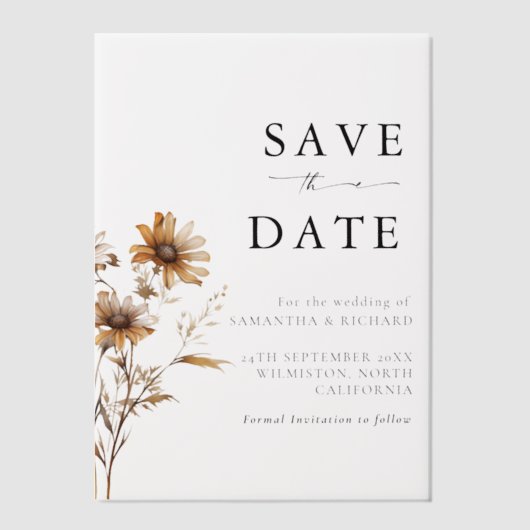 Invitations En Vélin Noir & Blanc Fleur sauvage Mariage Enregistrer La (Recto)