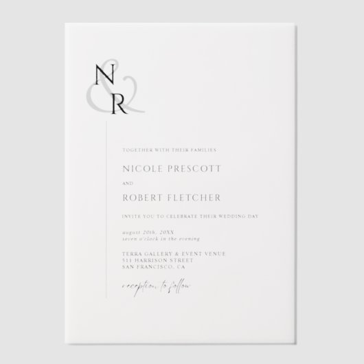 Invitations En Vélin Noir & Blanc Moderne Élégant Mariage Monogramme (Recto)