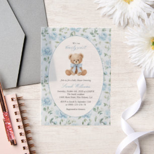Invitations En Vélin Noun ours en peluche, Nœud bleu, Fleurs bleues, Ba