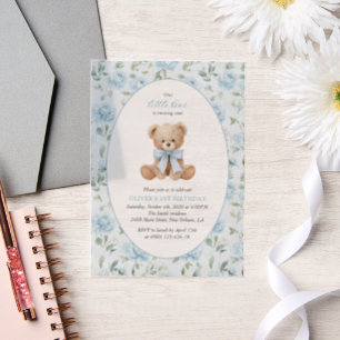 Invitations En Vélin Noun ours, Nœud bleu, Fleurs bleues, Premier anniv