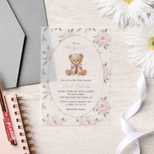 Invitations En Vélin Nounours à l'ours en peluche, noeud rose, fleurs r