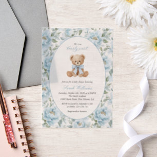 Invitations En Vélin Nounours, Nœud Bleu, Fleurs Bleues, Baby Shower