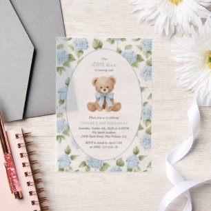 Invitations En Vélin Nounours, Nœud Bleu, Fleurs Bleues, Premier Annive