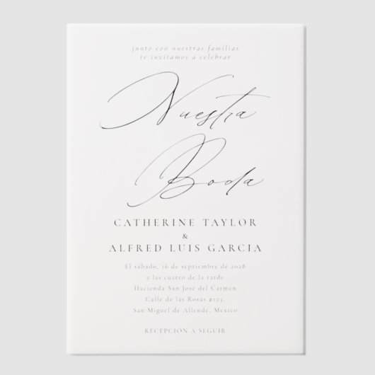 Invitations En Vélin Nuestra Boda Espagnol Langue Noir Script Mariage (Recto)