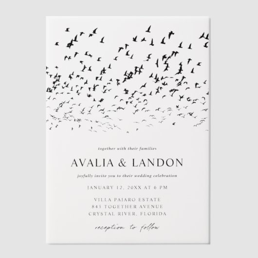 Invitations En Vélin Oiseaux modernes d'un Mariage de plume (Recto)