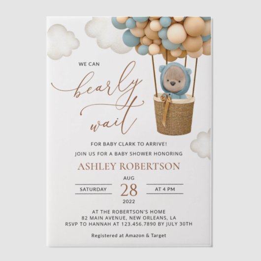 Invitations En Vélin Ours, Ballons Bleus, Ballons à Air Chaud, Baby sho (Recto)