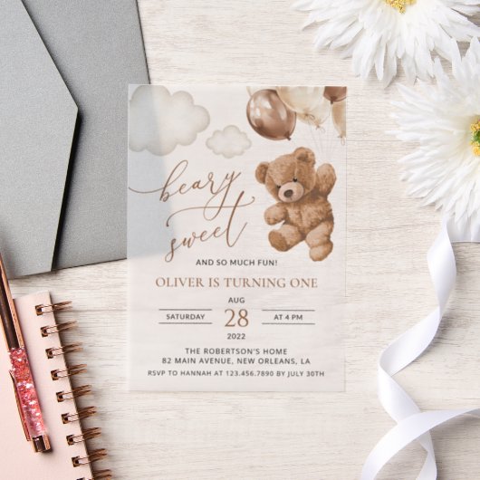 Invitations En Vélin Ours En Joue, Ballons Brown, Premier Anniversaire (Mariage)