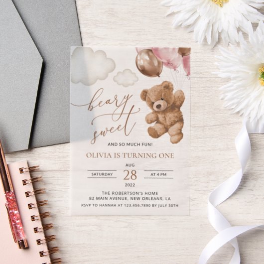 Invitations En Vélin Ours En Joue, Ballons Roses, Premier Anniversaire (Mariage)