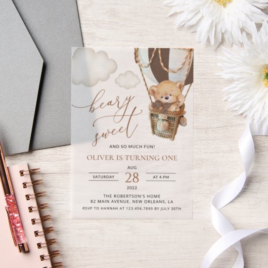 Invitations En Vélin Ours en peluche, ballon Brown à air chaud, premier (Mariage)